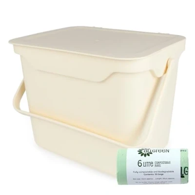 Image of Easy Eco 5L Cream Kitchen Compost Caddy/Food Bin &amp; 50x 6L Compostable Bags