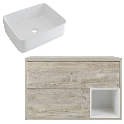Image of Milano Bexley Light Oak Wall Hung Bathroom Vanity Unit Rectangular Countertop Basin 800mm