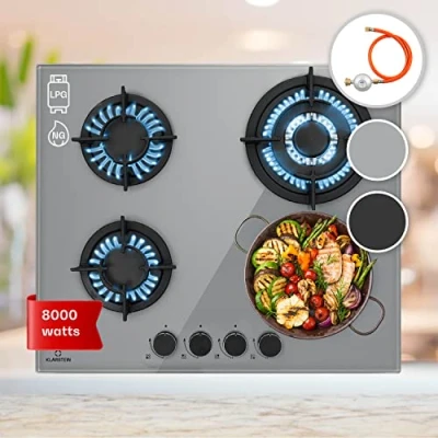 Image of Klarstein Gas Cooker, 4 Burners Hob, 8000W Built In Four Ring Electric Campervan Cooktops Cookers, Stainless Steel Glass Top Wok Burner, Kitchen Stoves LPG Cooker Units