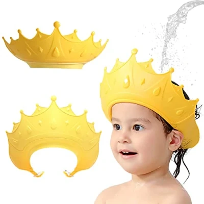 Image of Shower Caps for Kids, KAMHBE Baby Cap Shield Adjustable Crown Hair Washing Shampoo Visor Eyes, Ears and Face (Yellow)