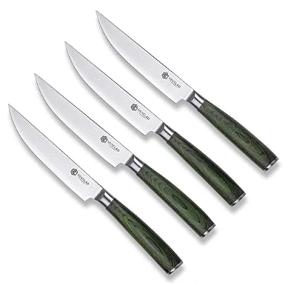 Image of HexClad Steak Knife Set, 4 Pieces Damascus Stainless Steel Blades, Full Tang Construction, Pakkawood Handles