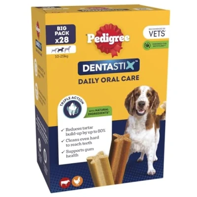 Image of Pedigree Dentastix Daily Dental chews for medium Dogs (10 25 kg) , 28 sticks (Pack of 4)