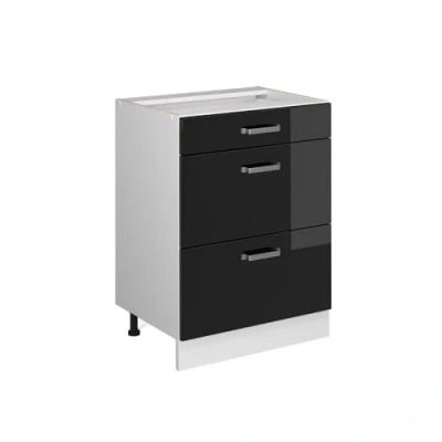 Image of Vicco Kitchen base cabinet Raul, Black high gloss/White, 60 cm with drawers, without worktop