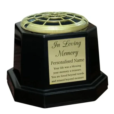 Image of Black Graveside Memorial Flower Vase with Gold In Loving Memory Plaque (Personalised Name)