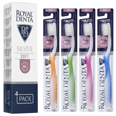Image of Royal Denta Silver Soft Bristle Toothbrushes Pack of 4, Brush for Sensitive Teeth, Dual Length Toothbrush Interdental Cleaning, Particles to Prevent Bacteria, Multi Colour