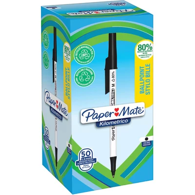 Image of Paper Mate Kilometrico Ballpoint Pens Long Writing with Medium Point (1.0mm) Black Ink 80% Recycled Plastic 50 Count