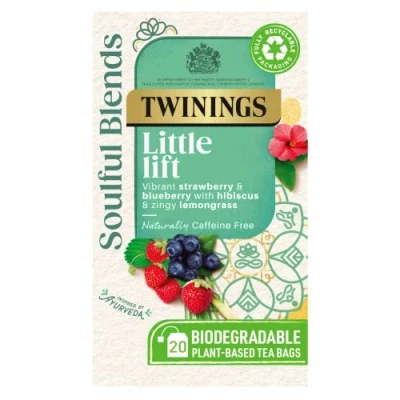 Image of Twinings Soulful Blends Little Lift Inspired by Ayurveda Strawberry &amp; Blueberry Herbal Tea Infusion with Hibiscus Lemongrass 20 Biodegradable Bags