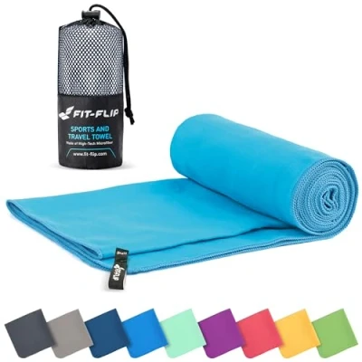 Image of Fit Flip Microfibre towel compact, ultra lightweight &amp; quick dry the perfect gym, travel beach swimming for sports, camping hiking (1x 40x80cm sky blue + 1 bag)