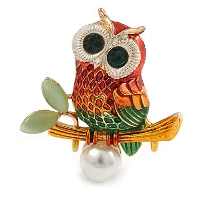 Image of Avalaya Multicoloured Owl Brooch in Gold Tone 40mm Tall