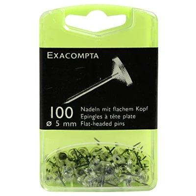 Image of Exacompta Ref 14512E Flat Headed Pins (Pack of 100) 8mm Width x 5mm Height in Size Suitable for Pinboards or Corkboards Offices, Homes &amp; Businesses Crystal