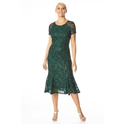 Image of Roman Womens Metallic Lace Sequin Midi Dress Green Size 18 UK