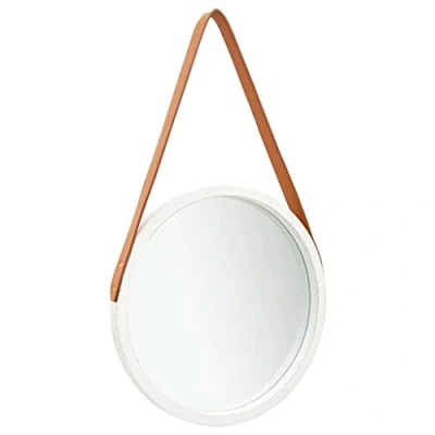 Image of vidaXL Wall Mounted Dresser Wood Mirror with Adjustable Strap for Home Living Room and Office Decor Classic Round White Brown