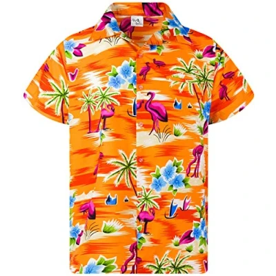 Image of King Kameha Mens Flamingos Short Sleeve Hawaiian Shirt Novelty Summer Vibes, Flamingos, Orange, XL