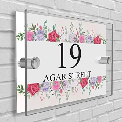 Image of Personalised House Number Plaque in Rectangle shape Glass Effect Acrylic Sign Door Plate Wall Display Premium Quality 2 Part Choose Your Own Design &amp; Font (Flowers Line)