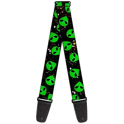 Image of Buckle Down GS W30164 Guitar Strap Aliens Head Scattered Galaxy2 Green Black 2 Inches Wide, Galaxy2/Green/Black