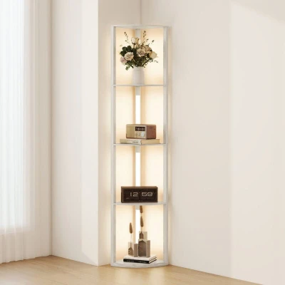 Image of HOMCOM LED Floor Lamp with Shelves, 4 Layers Dimmable Modern Standing Left Right Rotatable Poles for Living Room Bedroom Office, Oak