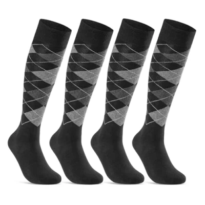 Image of sockenkauf24 4 Pairs Men&#039;s Knee Socks Checked Pattern Cotton with Comfort Waistband and Without Seam, Black/Grey, 43 46