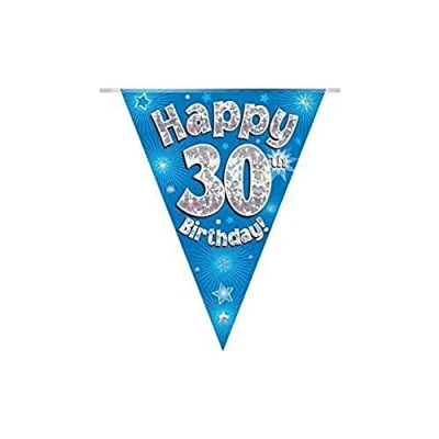 Image of Party Bunting Happy 30th Birthday Blue Holographic 11 flags 3.9m