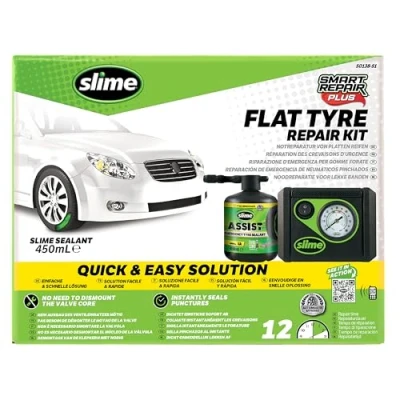 Image of Slime 50138 51 Flat Tyre Puncture Repair, Smart Repair Plus, Emergency Kit for Car Tyres, Includes Sealant and Inflator Pump, Suitable Cars Other Highway Vehicles, 12 Min Fix