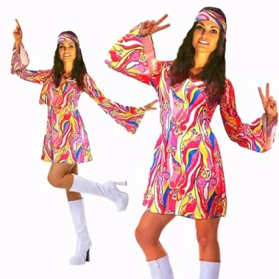 Image of 60s 70s Flower Power Hippy Retro Gogo Fancy Dress Size Large (Women: 12 14) Costume, Multi Coloured with and Headband, 1960&#039;s Groovy Dress, Adult Up Costumes