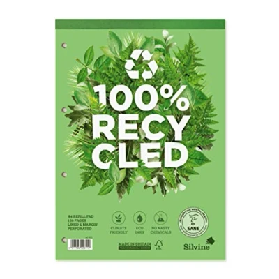 Image of Silvine Ref R101 A4 Premium Recycled Refill Pad. Lined with Margin ,White, 120 Pages of 100% [Pack 5]