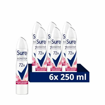 Image of Sure Nonstop protection Bright Bouquet Anti Perspirant Deodorant with Body Heat Activated technology Spray for 72 hour odour and sweat 6x 250 ml