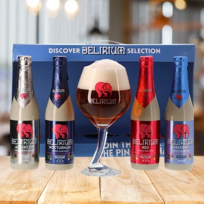 Image of Delirium Discovery Belgian Strong Beer Gift Set with Official Branded Glass (4x330ml) Premium Selection Gifts For Men Her Christmas Birthdays Father&#039;s Day Valentines Beers and Lagers Offers