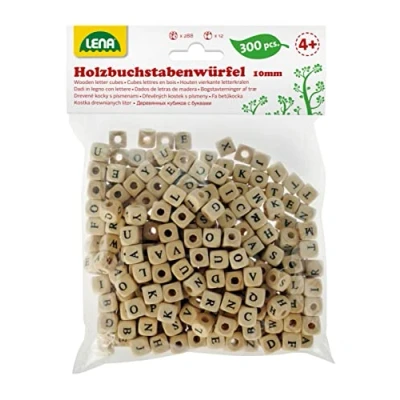 Image of Lena 32005 Craft ABC 300 Cubical Threading Letters, Wooden Children from The Age of 3. Bead Set for Making Your own Jewellery, Natural Cube Black Writing