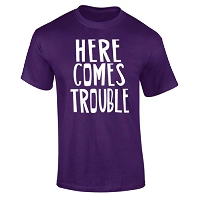 Image of Here Comes Trouble Funny Slogan Mens T Shirt Purple (M)