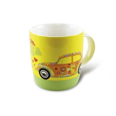 Image of BRISA VW Collection Volkswagen Large Ceramic Coffee Tea Cappuccino Mug Cup in Beetle Bug Design (370 ml/12.5 fl oz/Flower/Yellow)