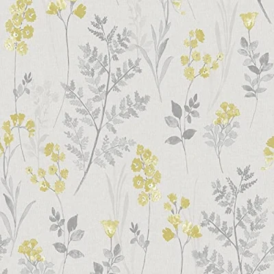 Image of Pashley Wallpaper Floral Grey Yellow Flower Natural