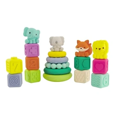 Image of Infantino Stacking Rings Sensory Toys Baby Cubes Educative Animals Mix&amp;match Smooth Surface Multicolored Newborn Gift 6 Months to 4 Years