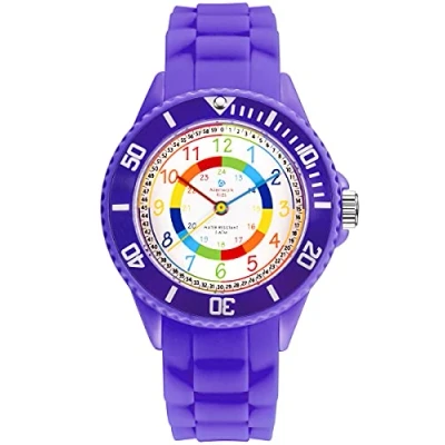 Image of Alienwork Kids Children&#039;s Teacher Watch Girls Violet Silicone Strap Multi Coloured Kid Waterproof 5 ATM Learning Time