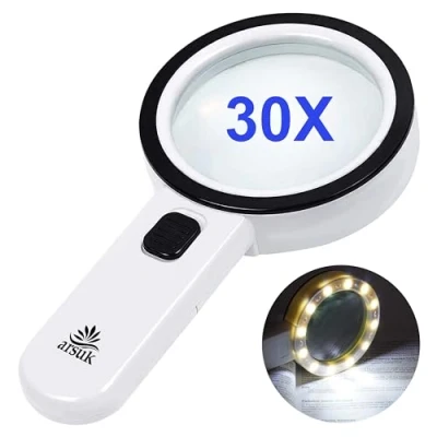 Image of ARSUK Magnifying Glass with 12 LED Light, 30X Handheld Large Reading Magnifier for Seniors, Macular Degeneration, Inspection, Coins, Jewelry, Exploring, Hobbies