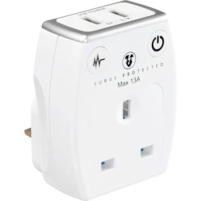 Image of Masterplug SRGAUSBPW3 MP Single Socket Surge Protected Power Adaptor with Two USB Charging Points, Gloss White, 6