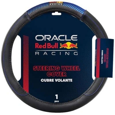 Image of Red Bull Racing Steering Wheel Cover Universal Fit, Perforated Leather with Cloth Grips, Sporty Design, Protects &amp; Enhances Your Vehicle’s Style (RBSWC006BBLU)