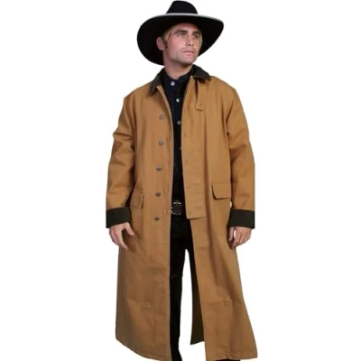 Image of Men&#039;s Western Old COWBOY Long Duster Coat Full Length Canvas Jackets, Brown, XL