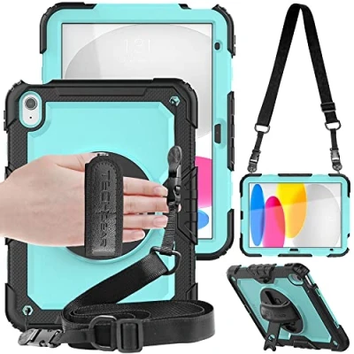 Image of TECHGEAR UTILITY Case fits Apple iPad 10 2022 [10th Generation] 10.9&quot; Tough Rugged HEAVY DUTY Armour Shockproof 360 Degree Rotating Stand, Hand and Shoulder Strap Aqua