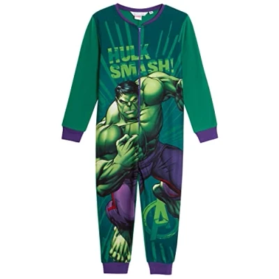 Image of Marvel The Incredible Hulk Onesie For Boys Fleece Pyjamas All In One Sleepsuit Kids Pjs Zipped Nightwear Loungewear Green