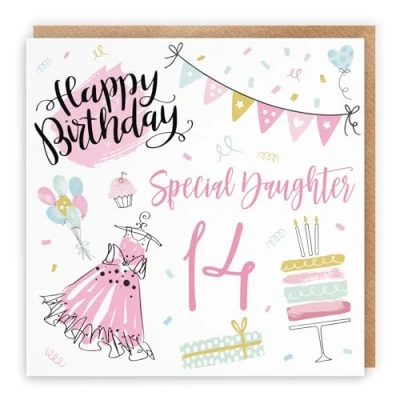Image of Hunts England Daughter 14th Birthday Card Happy Special 14 Party Collection Fun, Pink Dress, Cake Pretty