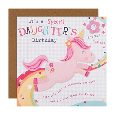 Image of Hallmark Birthday Card for Daughter Cute Jumping Unicorn and Rainbow Design