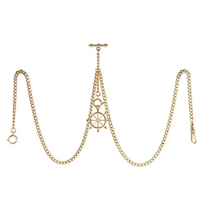 Image of TREEWETO Men&#039;s Double Albert Chain Pocket Watch Curb Link Key 3 Hooks with Antique Gold Rudder Pendant Design Charm Fob T Bar