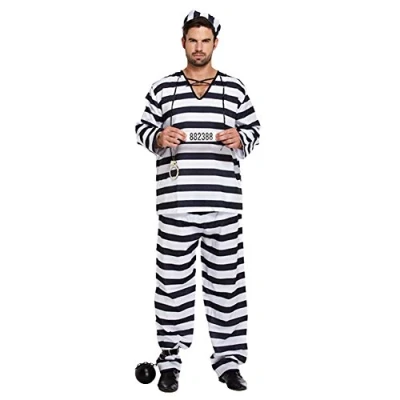 Image of Mens Black and White Prisoner Convict Robber Burglar Fancy Dress Costume Outfit U00309