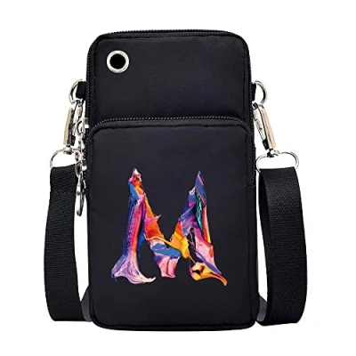 Image of FINDING CASE initial letter Printed Women Girls men Zipper Waterproof Nylon 3 Layers Crossbody Bags Wallet Cellphone Purse Shoulder Bag Wristlet Handbags Adjustable Strap (Paint M)