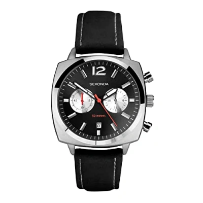 Image of Sekonda Airborne Men’s 40mm Quartz Watch in Black with Analogue Display, and Leather Strap 30028