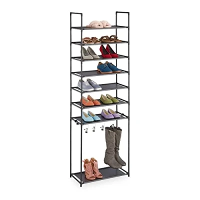 Image of Relaxdays 8 levels, Plug in System, 16 Pairs, 4 Boot Hooks, Metal &amp; Fabric, Hallway Shoe Rack, Black, Steel, 186x60x30 cm