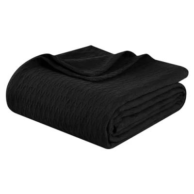 Image of Superior Diamond Weave Blanket, 100% Cotton Cover for Home, Couch, Bed, Soft, Warm Blankets, Boho Aesthetic, Comfy, Cozy, and Cute Covers, Decorative Bedding Essentials, California King, Black