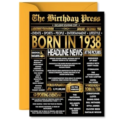 Image of Gold 87th Birthday Card for Men Women Black &amp; Golden Newspaper Born in 1938 Happy 87 Cards Uncle Grandma Husband Dad Nan Grandad, 5x7 Inch Bday Greeting