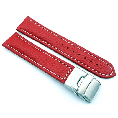 Image of Sulla Genuine Leather Watch Strap with Stainless Steel Deployment Clasp White Stitching, red, 22 mm, Strap.