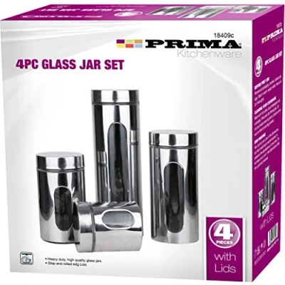 Image of 4PC Stainless Steel Tea Coffee Pasta Sugar Kitchen Glass JAR Canister Storage